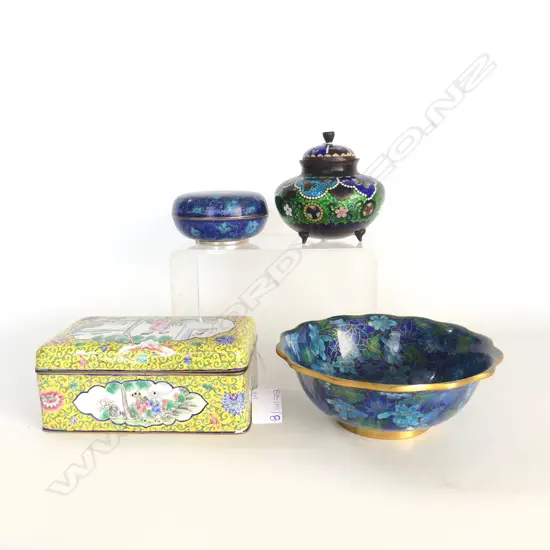 3 PCES BLUE CLOISONNE, 2 LIDDED CONTAINERS + BOWL 175mm dia + ORIENTAL ENAMELLED LIDDED CONTAINER 170x100x70mm FAULTED