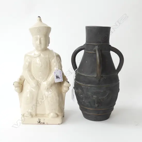 ORIENTAL BLACK CERAMIC VASE + GLAZED SEATED FIGURE H.280mm