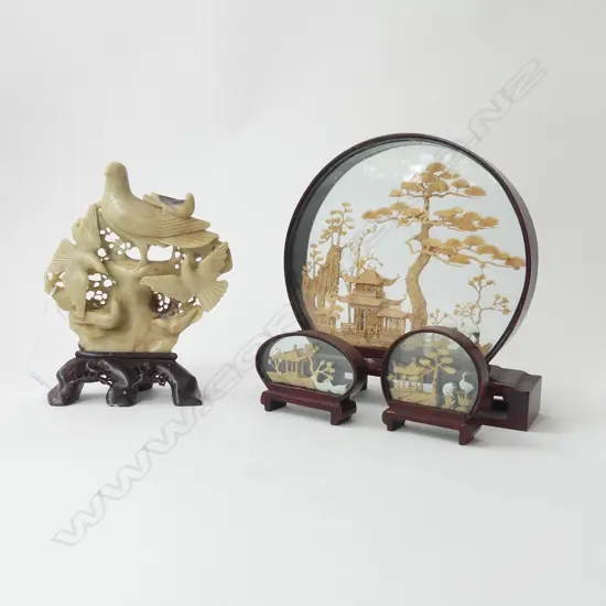 4 ORIENTAL PCES; 3 CORK LANDSCAPES H.230mm + SOAPSTONE CARVING - BIRDS H.200mm