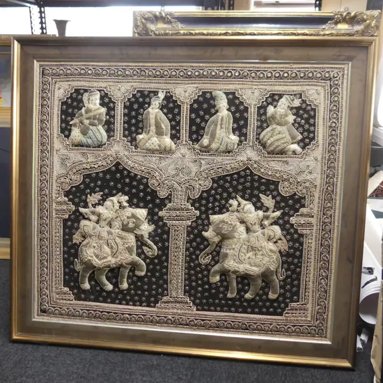 BURMESE/THAI EMBROIDERY elephants & figures sequin highlights 850 x 975. Framed 