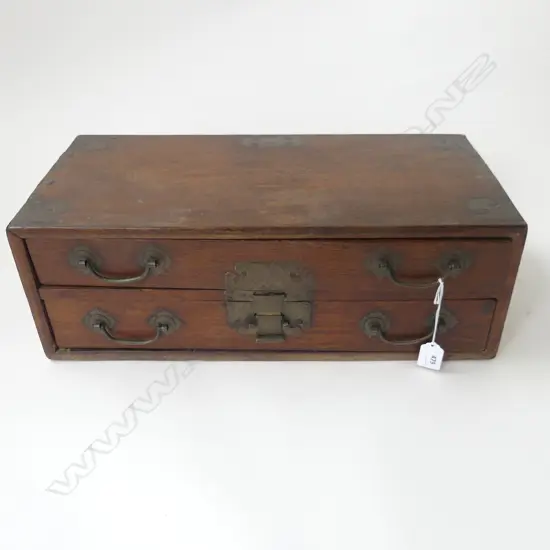 ORIENTAL 2 DRAWER WOODEN BOX w. BRASS DETAILING 500x240x175mm