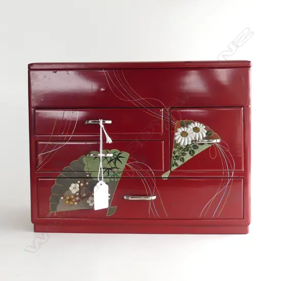 SEWING BOX RED LACQUER  FLORAL DECORATION,290 x 180 x 225mm