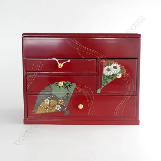 SEWING BOX RED LACQUER  FLORAL DECORATION,290 x 180 x 225mm