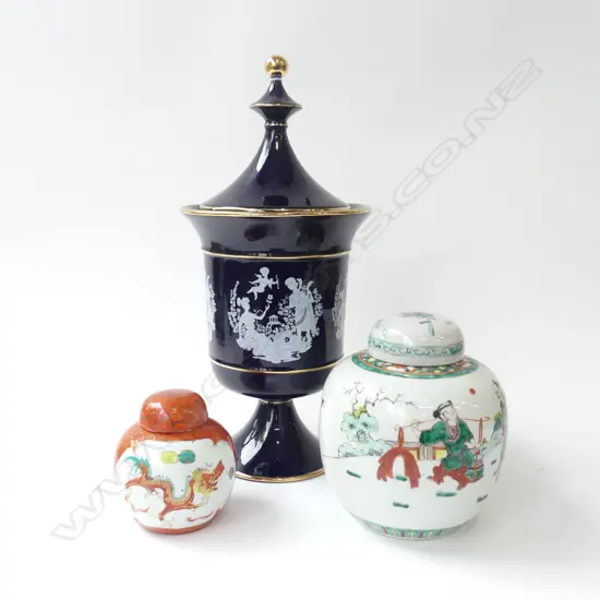 3 LIDDED CERAMIC CONTAINERS; 2 CHINESE GINGER JARS + ITALIAN H.440mm