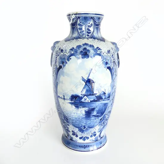 B/W DELFT VASE WINDMILL & BOATS H350MM RIM REPAIR