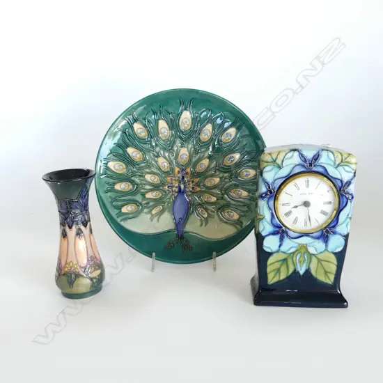 3 PCES MOORCROFT; PEACOCK PLATE 220mm dia, CLOCK H.160mm, VASE