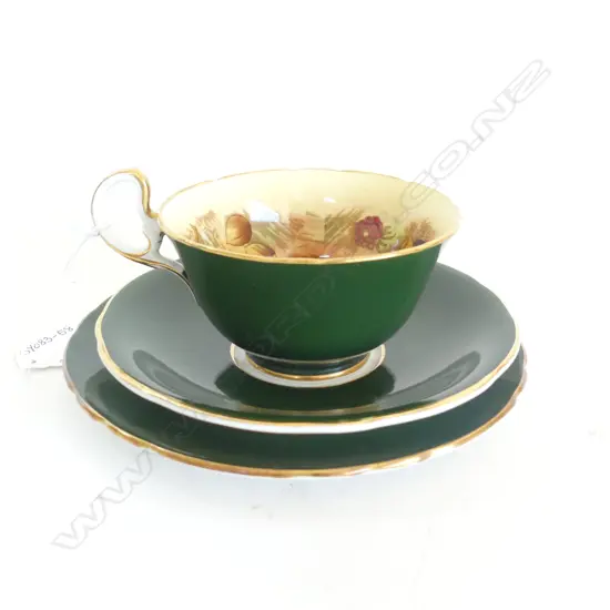 AYNSLEY 'FRUIT' PATTERN BONE CHINA TRIO, GREEN & GOLD