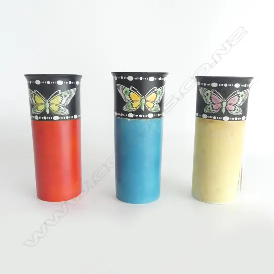 SET OF THREE  SHELLEY VASES RED YELLOW & BLUE 1921 SMALL CHIPS TO YELLOW VASE H150MM 