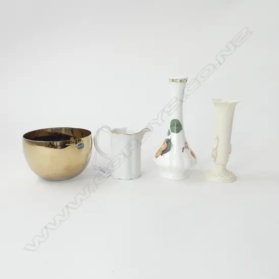 4 PCS, BOHEMIA CRYSTAL BOWL & 3 PCS BONE CHINA; BELLECK POSY VASE w HANDLES, ROSENTHAL MILK JUG & OTHER