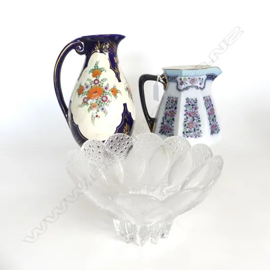 3 PCS; LAUSITZER GERMAN CRYSTAL BOWL. D.200mm, LOSOL WARE: KEELING & CO PITCHER & REGINA GOUDA JUG