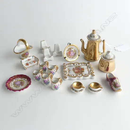 LIMOGES FRENCH MINIATURES INCLUDING TEA SET PLATES CHAIRS BASKET ETC