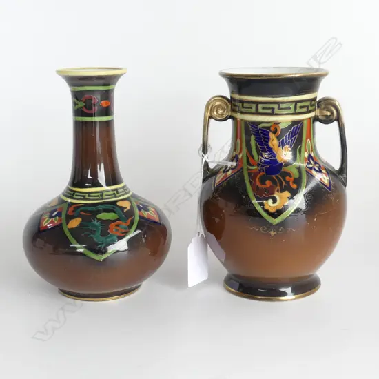 PAIR NORITAKE BROWN 'GREEK KEY' ART DECO VASES 