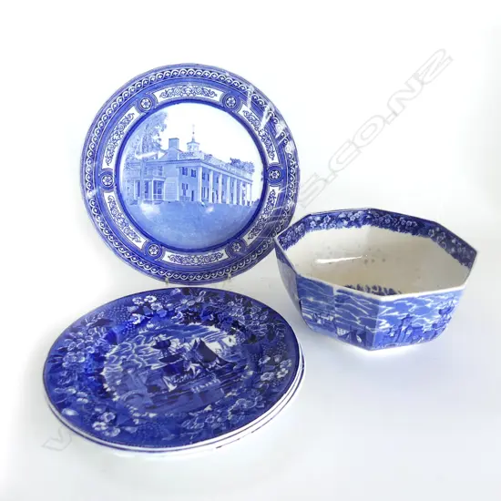 4 B/W PLATES INCL. PR SPODES ITALIAN 230mm dia + WEDGWOOD OCTAGONAL BOWL 195mm dia