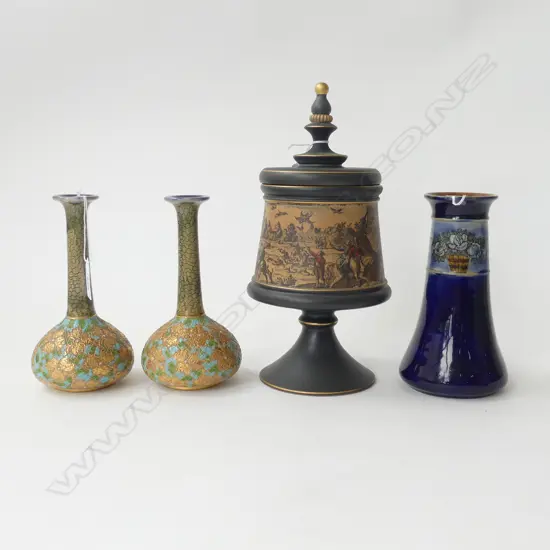 4 PCES CERAMICS; 3 DOULTON LAMBETH VASES (PR (RIM CHIP) + 1), ITALIAN LIDDED CONTAINER H.275mm