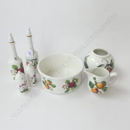 7 PCES PORTMEIRION; SOUFFLE DISH 200mm dia, VASE, JUG, PR BOTTLES, SALT & PEPPER (AF)