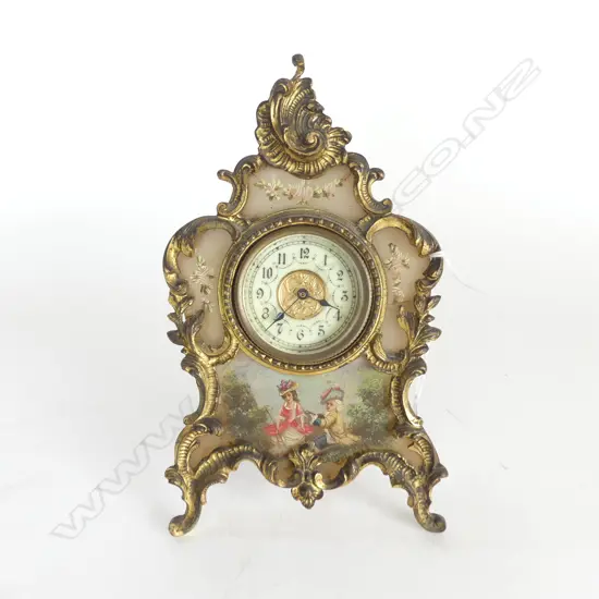 EARLY 20THC FRENCH ORMOLU & PAINTED MARBLE DESK CLOCK finely painted w courting couple H.205mm. strut back