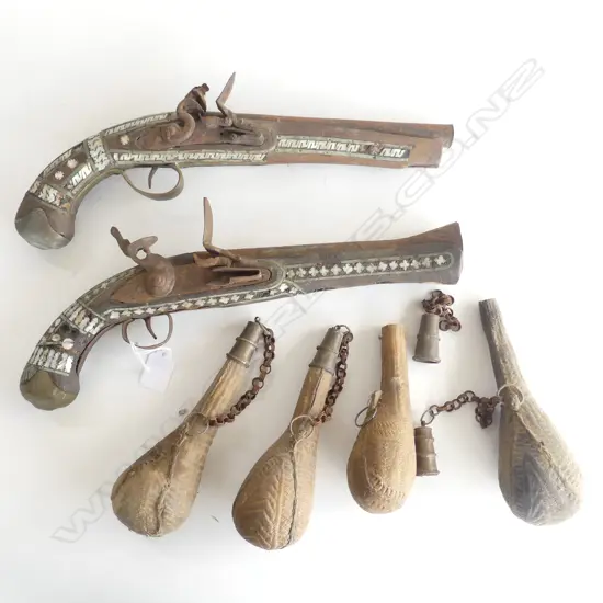 2 VINTAGE MoP INLAID PISTOLS L.380mm + 4 LEATHER POWDER FLASKS