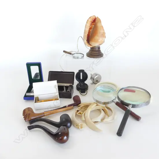 ASST. ITEMS; PIPES, RAZORS, SHELL LAMP, MAGNIFYING LENSES ETC
