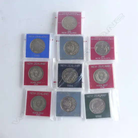 TEN ASSORTED COMMEMORATIVE COINS - CHARLES & DI./ROYAL VISITS/TAKAHE/ROBIN/KAKAPO
