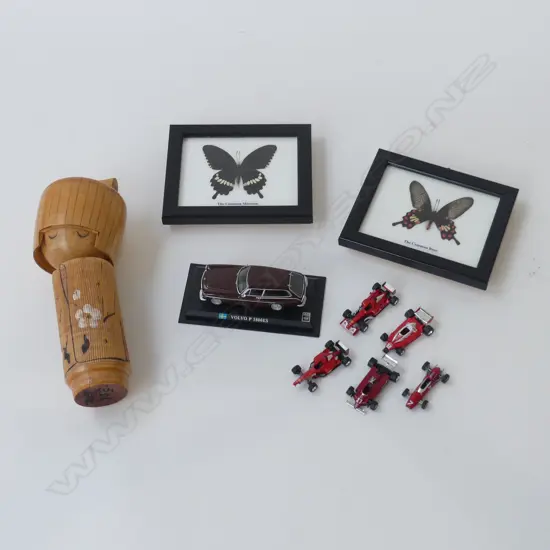 1950s JAPANESE KOKESHI DOLL, signed on base, 2 FRAMED BUTTERFLIES (not endangered), VOLVO MODEL & 5 F1 FERRARI MODELS
