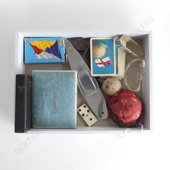 TRAY OF SMALL COLLECTABLES – SHIPPING CARDS, CANASTA, WEIGHTS, SLEEPER NAILS, PRAYER BOOK ETC