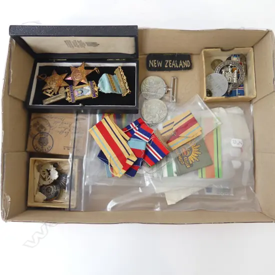 ASST. MILITARY BADGES INCL. 2x AFRICA STAR, 1939-45 STAR, 1939-45 MEDAL, DEFENCE MEDAL, MASONIC SILVER GILT ETC