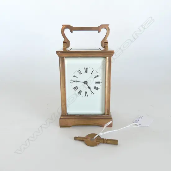 19thC FRENCH CARRIAGE CLOCK, WHITE ENAMEL FACE + KEY H.120mm (RUNNING)