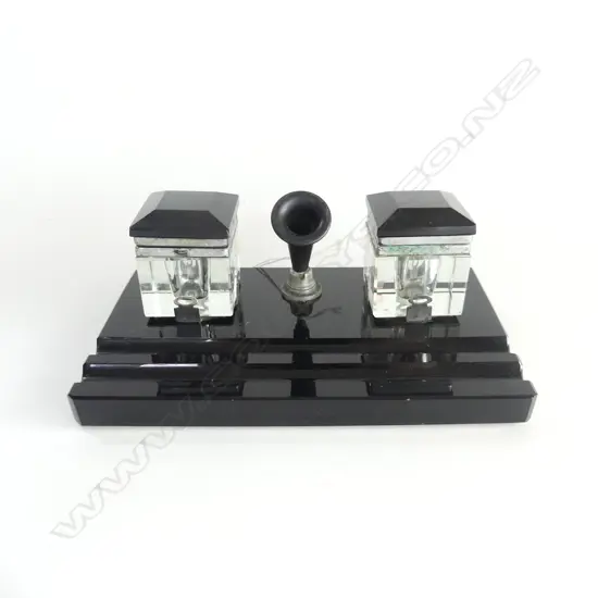 BLACK GLASS ART DECO INK STAND L190MM