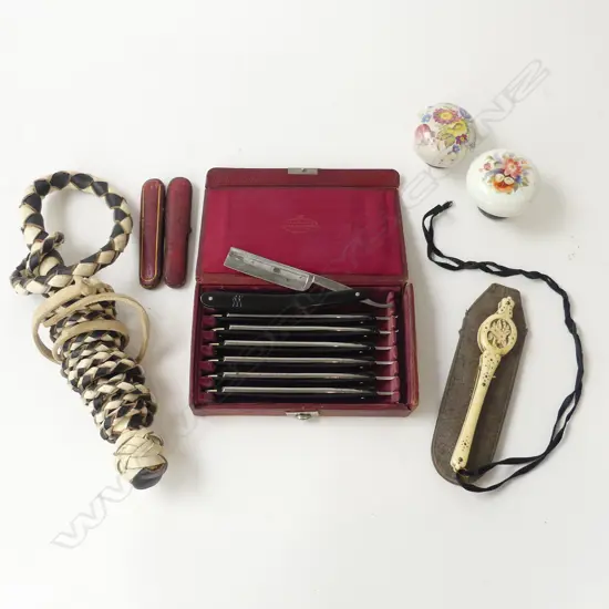 SMALL BOX OF COLLECTABLES WHIP LORNETTE  DOOR HANDLES & CASED RAZORS ETC