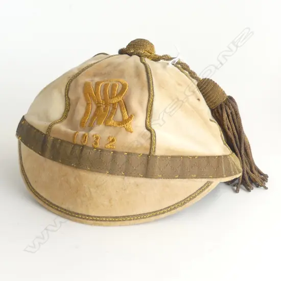 (28) 1932 'NRL' RUGBY HONOUR CAP PALE BEIGE VELVET EMBROIDED, MARKER'S LABEL INSIDE "COX HAT FACTORY"
