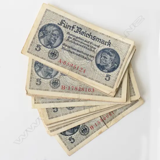 30+ GERMAN 3rd REICH FIVE REICHSMARK 1940-45 BANK NOTES, SERIAL Nos A-H