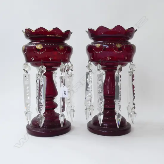 PAIR OF VICTORIAN CRANBERRY GLASS LUSTRES H 330 MM