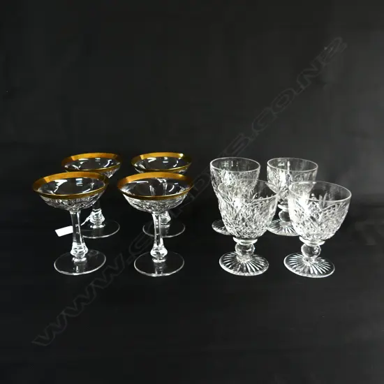 4 STUART CRYSTAL WINE GLASSES H.120mm + 4 GOLD RIMMED CHAMPAGNE GLASSES H.130mm