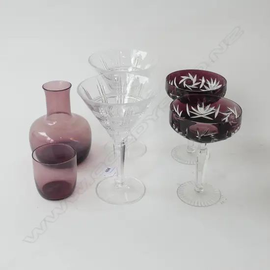 4 CHAMPAGNE COUPES; PR WATERFORD MARQUIS H.175mm, PR PURPLE CRYSTAL + CARAFE & CUP