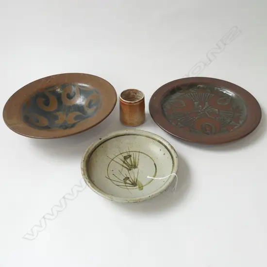 POTTERY PLATE, TWO DISHES + ONE CUP