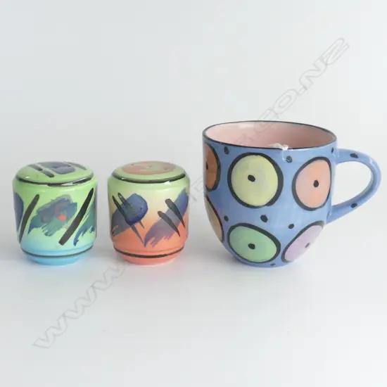 NZ STUDIO POTTERY MUG & PAIR of CONDIMENTS. brightly glazed All unmarked