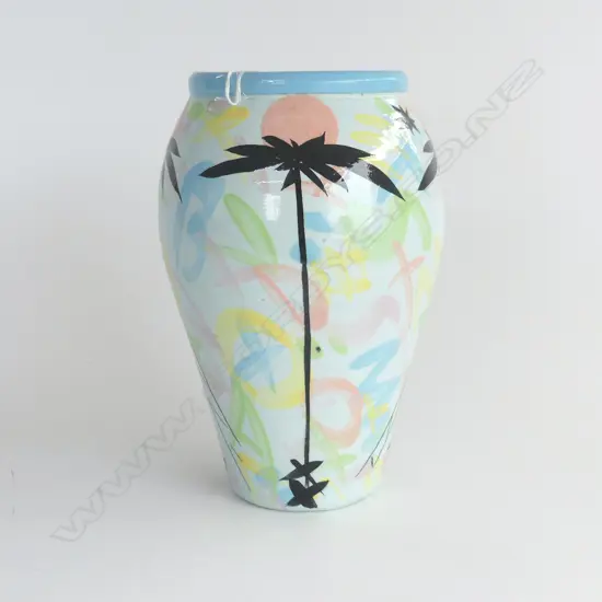NZ STUDIO POTTERY VASE WITH PALMS & LADDERS H.200mm. brightly glazed UNMARKED
