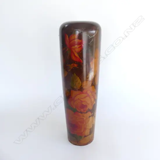 TALL FOLK ART TREEN VASE w FLOWER POKER WORK. H460mm