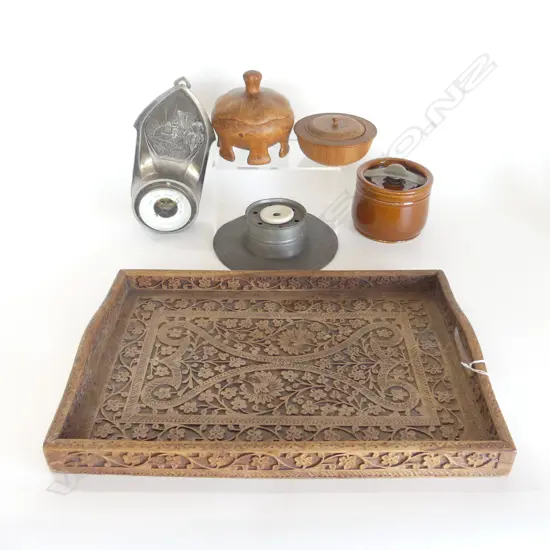 INDIAN CARVED WOODEN TRAY L.450mm, BAROMETER, WOODEN CONTAINERS, TOBACCO JAR, PEWTER INKWELL