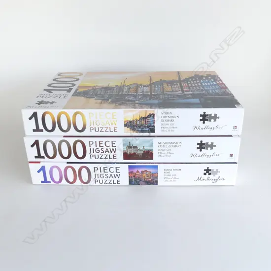 THREE NEAR NEW 1000PC JIGSAW PUZZLES – ROME, COPENHAGEN, NEUSCHWANSTEIN (ONE UNOPENED)