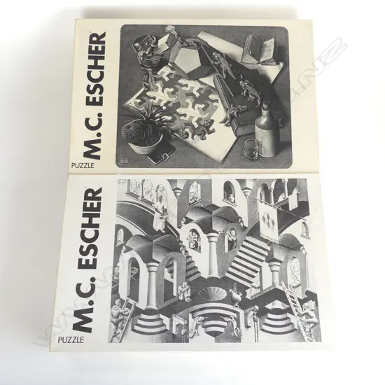 TWO VINTAGE M.C. ESCHER 1000PC PUZZLES MADE IN HOLLAND FOR SELEGIOCHI MILANO ITALY – CONVEX AND CONCAVE & RETILES L. 39C