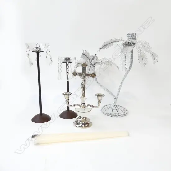 4 CANDLESTICKS; BEADED PALM H.410mm, W. GERMAN CRUCIFIX, 2 METAL & CRYSTAL DROPS