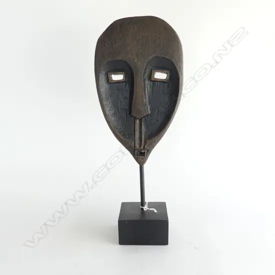 FAUX WOODEN PAINTED PLASTER TRIBAL MASK ON STAND H.405mm
