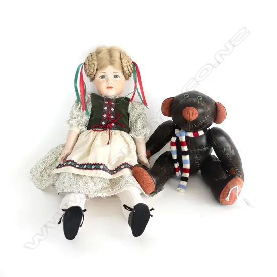 CHINA HEADED DOLL & LEATHER BEAR H210MM