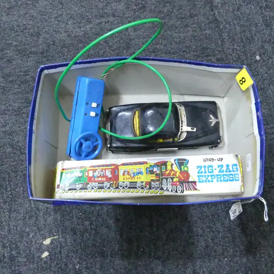 2 VINTAGE TOYS; STEERING CAR, ZIGZAG EXPRESS