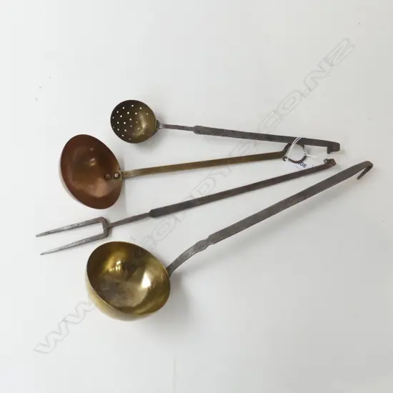 4 VINTAGE KITCHEN TOOLS; 3 LADLES + FORK L.400mm