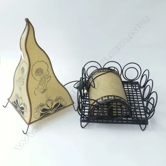 3 PCES; BLACK METAL TRAY + 2 PARCHMENT LAMPS