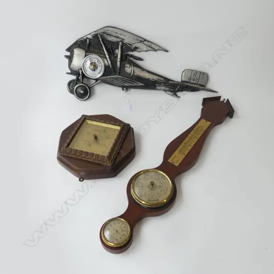 3 VINTAGE BAROMETERS; AEROPLANE W.520mm, WALL H.585mm