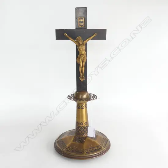 ART NOUVEAU CRUCIFIX BRASS METAL & WOOD BASE H430MM
