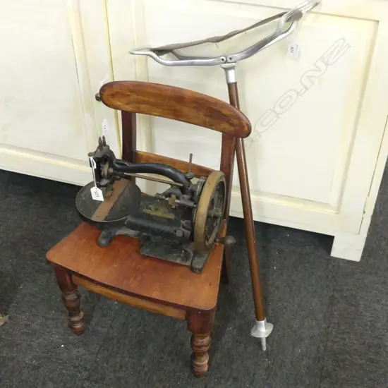 3 PCES; DOLLS CHAIR H.545mm, SHOOTING STICK L.870mm, ANTIQUE MINI SEWING MACHINE W.350mm
